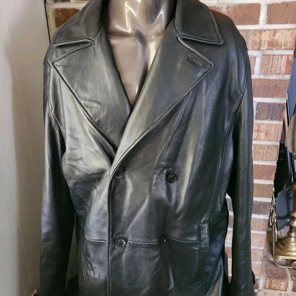 Nicole Miller New York Long Trench Coat Leather Black Women’s Size Large *read